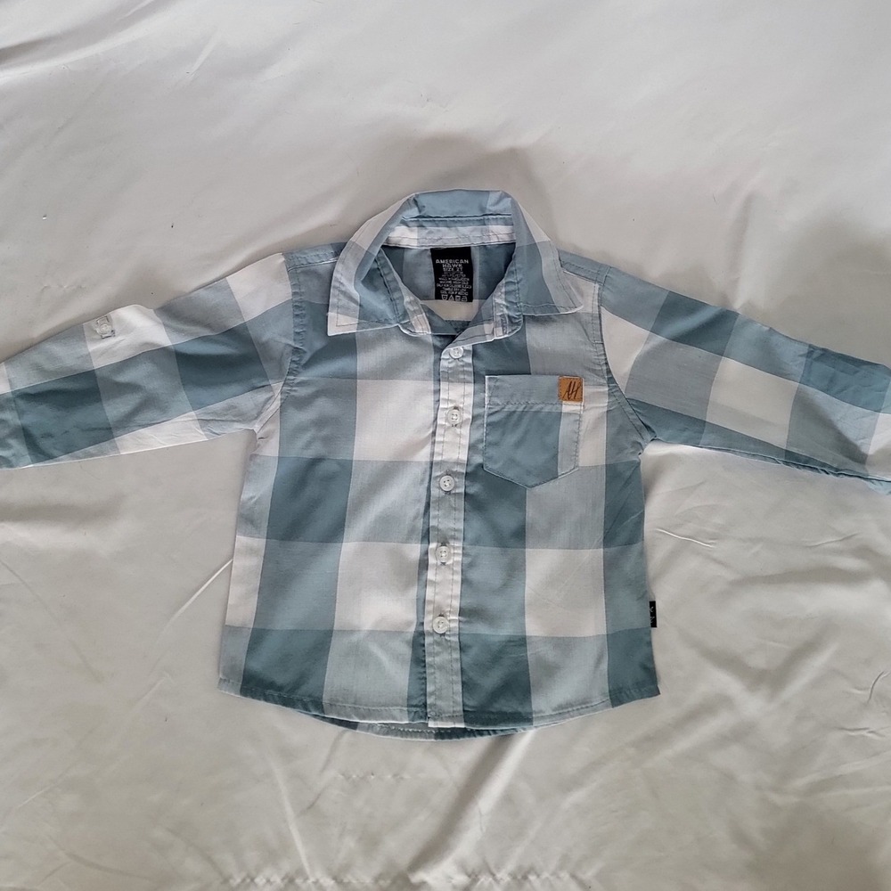 American Hawk Toddler Boys Blue White‎ Buffalo Plaid Button Down Shirt 2T